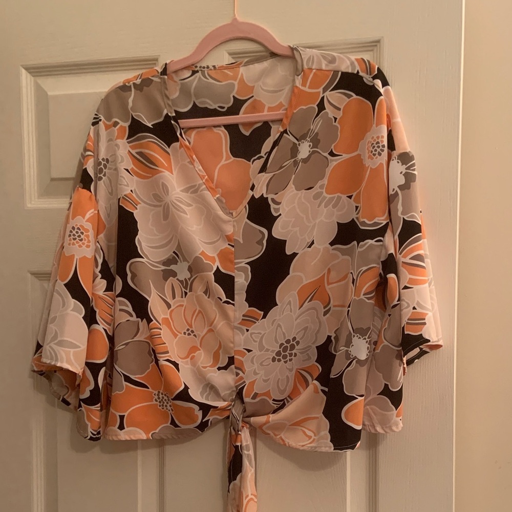 Elegant Floral V-Neck Blouse - Orange and Brown